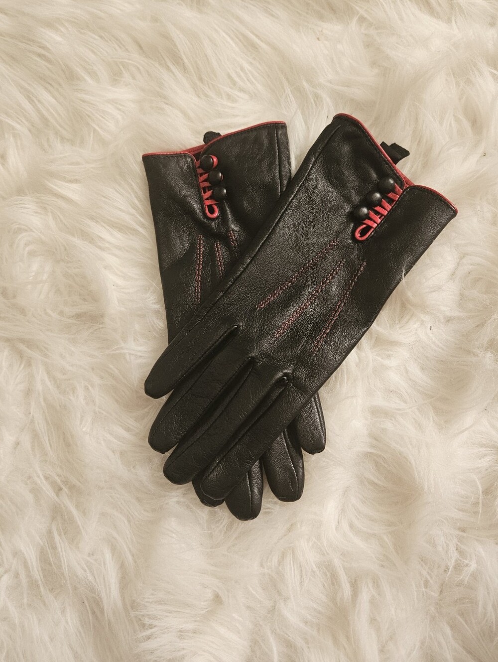 Black Leather Gloves with Red Trim, Size M